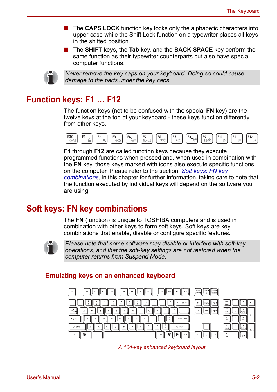 Function keys: f1 … f12, Soft keys: fn key combinations, Emulating keys on an enhanced keyboard | Toshiba NB200 User Manual | Page 66 / 138