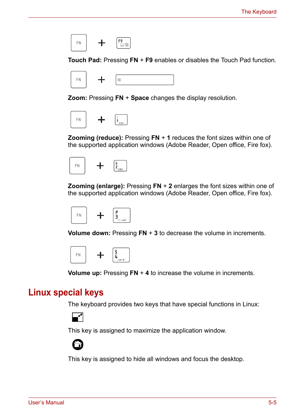 Linux special keys, Linux special keys -5 | Toshiba NB200 User Manual | Page 69 / 138