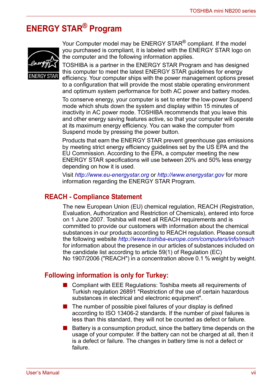 Energy star, Program, Reach - compliance statement | Following information is only for turkey | Toshiba NB200 User Manual | Page 7 / 138