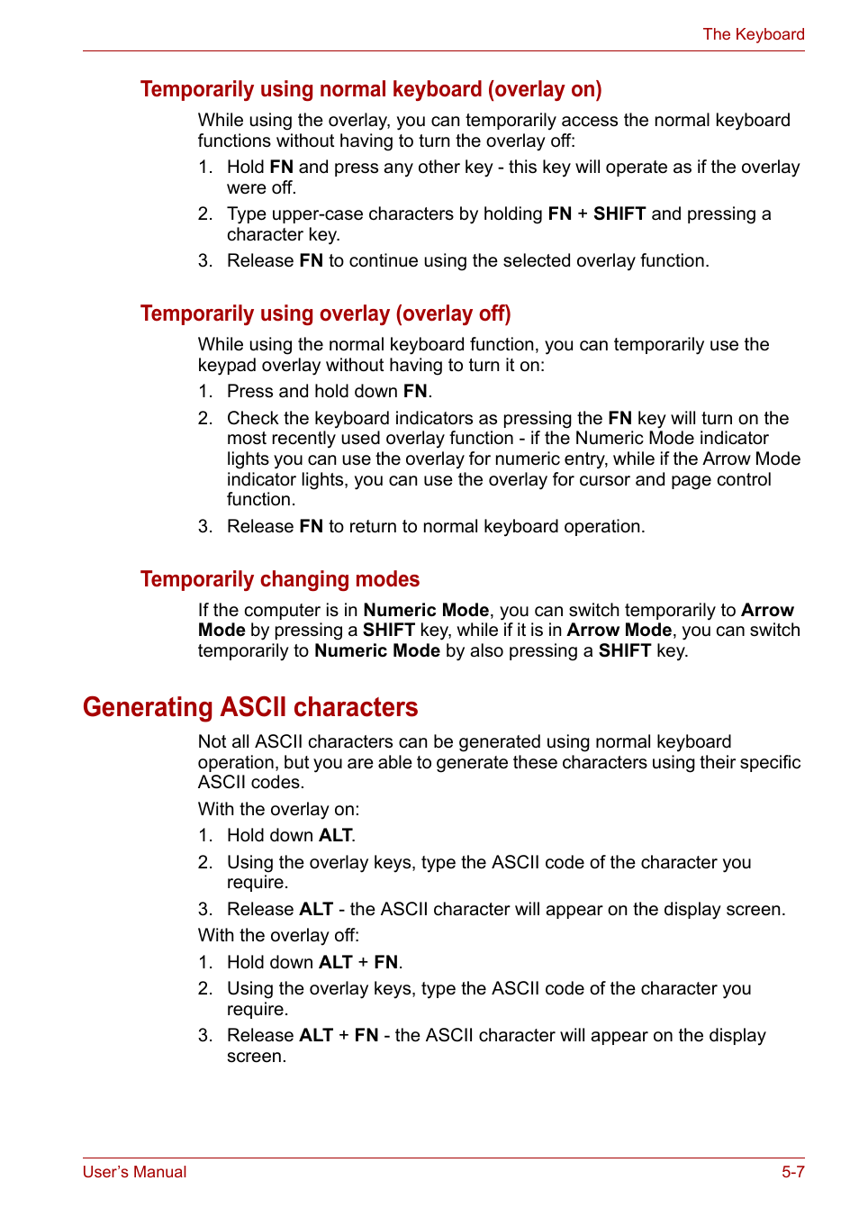 Generating ascii characters, Generating ascii characters -7, Temporarily using normal keyboard (overlay on) | Temporarily using overlay (overlay off), Temporarily changing modes | Toshiba NB200 User Manual | Page 71 / 138