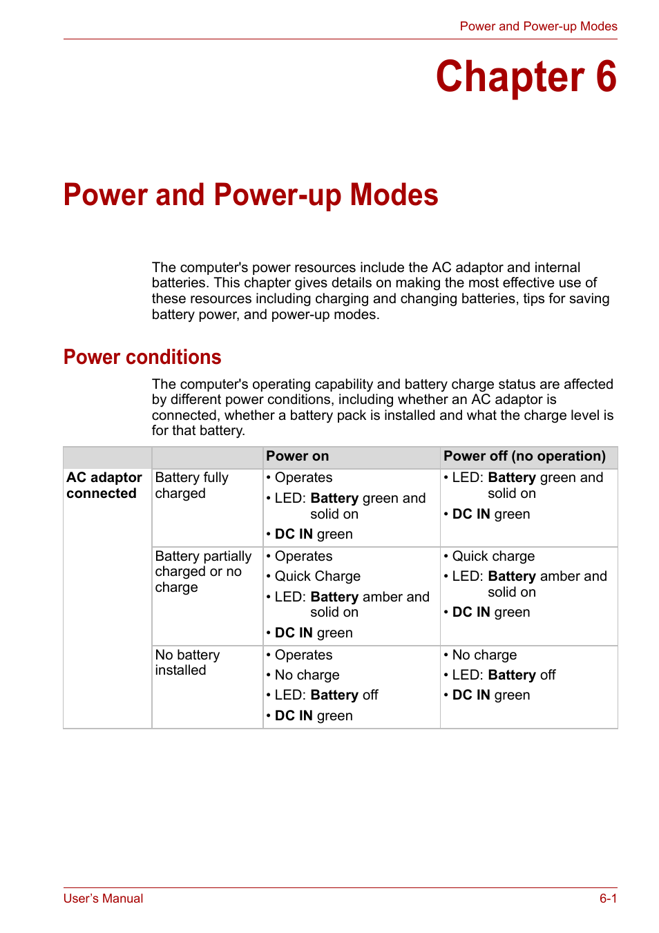 Chapter 6: power and power-up modes, Power conditions, Chapter 6 | Power and power-up modes, Power conditions -1, Power, And power-up modes | Toshiba NB200 User Manual | Page 72 / 138