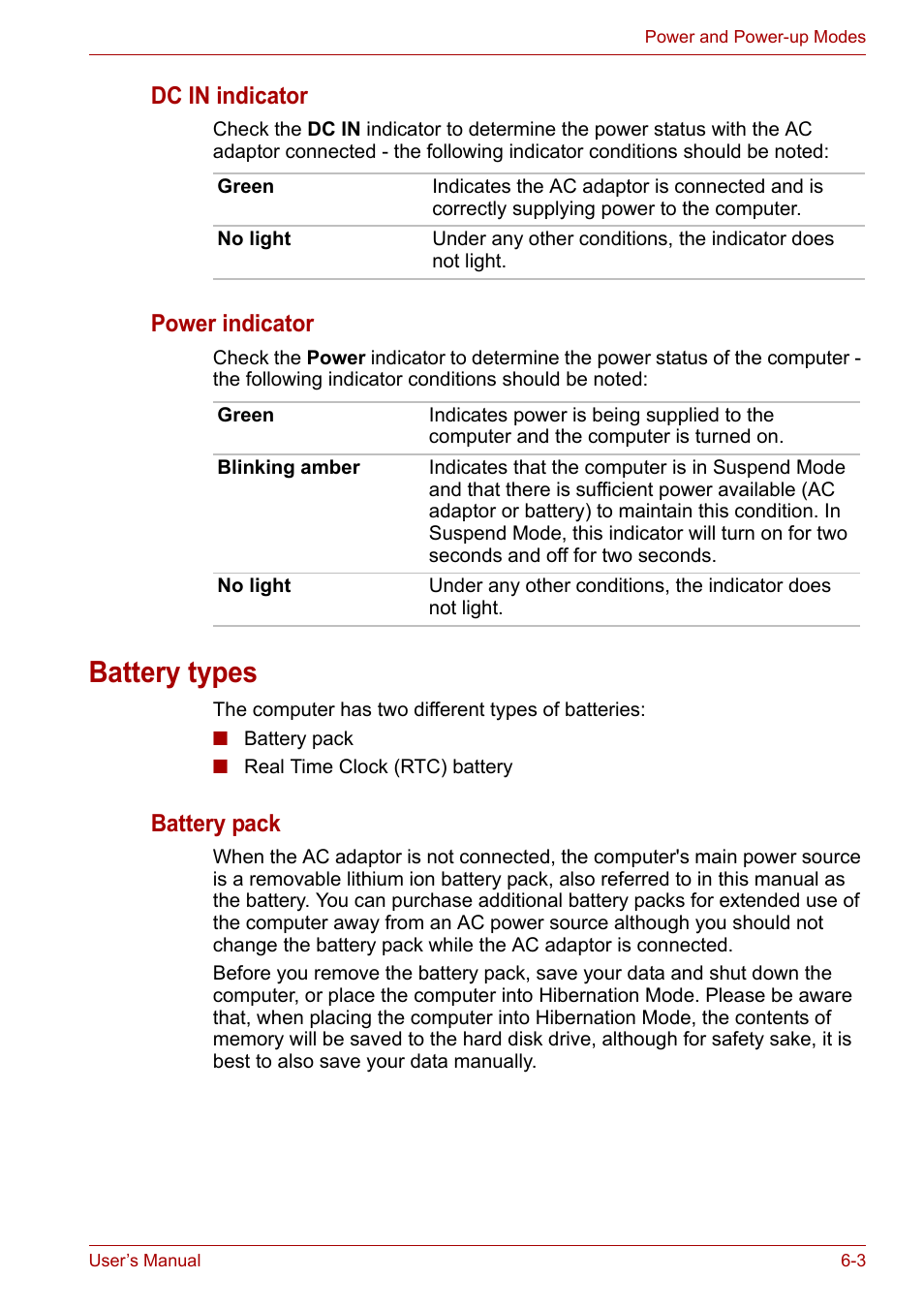 Battery types, Battery types -3, Dc in indicator | Power indicator, Battery pack | Toshiba NB200 User Manual | Page 74 / 138