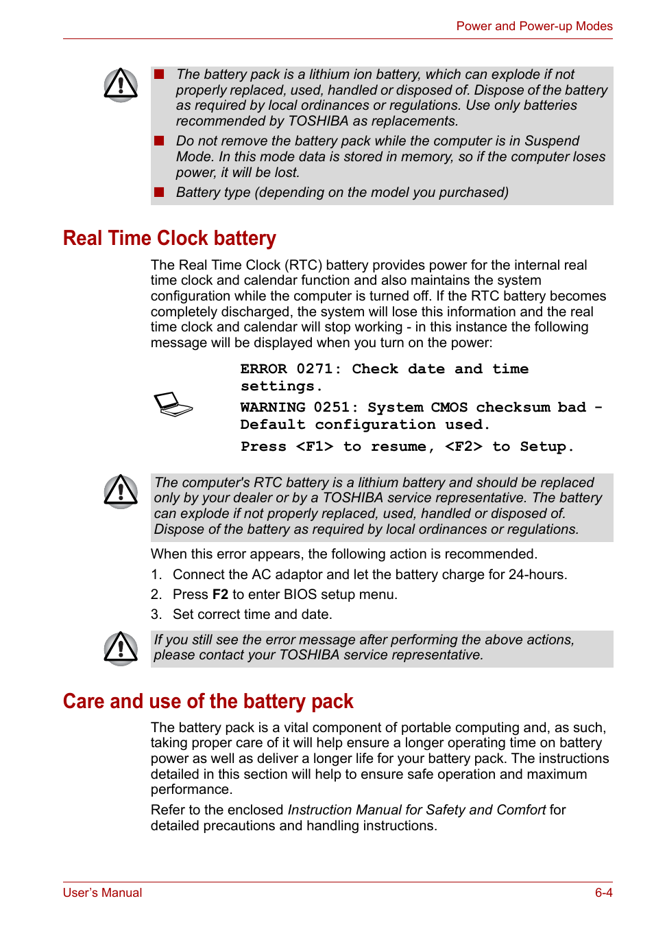 Care and use of the battery pack, Care and use of the battery pack -4, Real time clock battery | Toshiba NB200 User Manual | Page 75 / 138