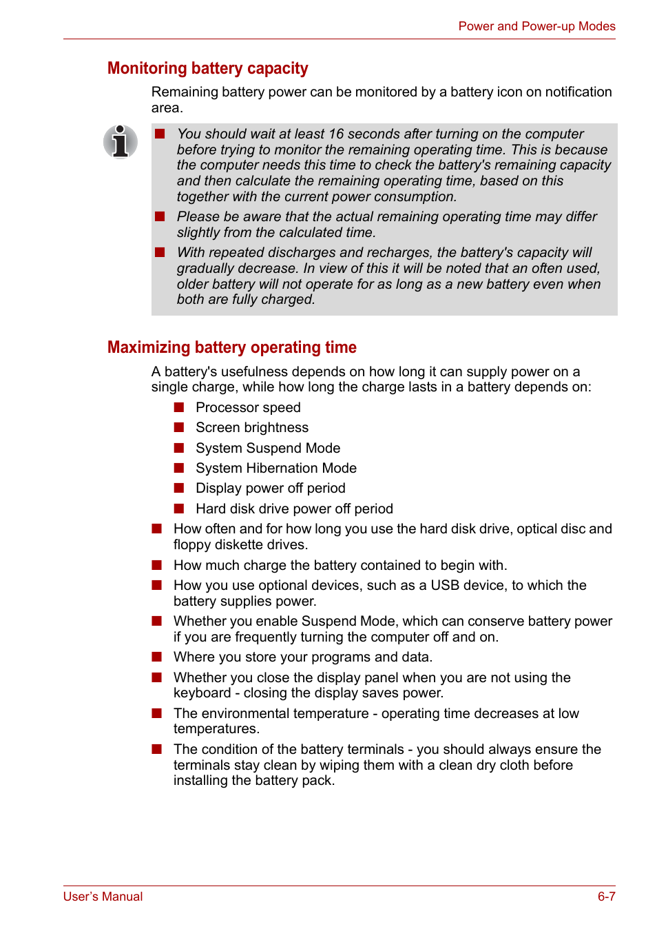 Monitoring battery capacity, Maximizing battery operating time | Toshiba NB200 User Manual | Page 78 / 138