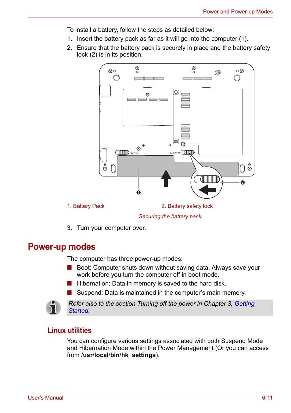 Power-up modes, Power-up modes -11, Linux utilities | Toshiba NB200 User Manual | Page 82 / 138