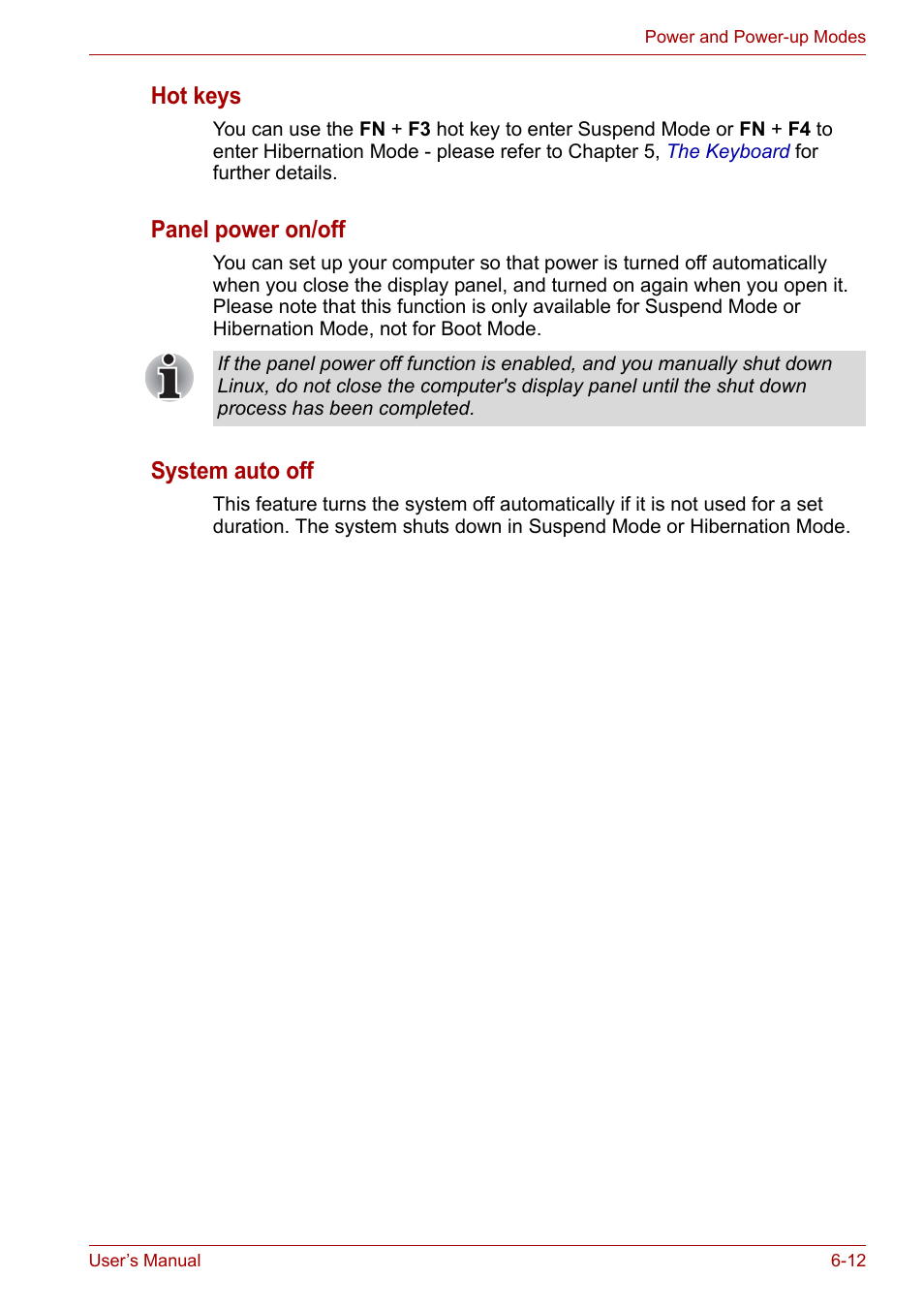 Hot keys, Panel power on/off, System auto off | Toshiba NB200 User Manual | Page 83 / 138