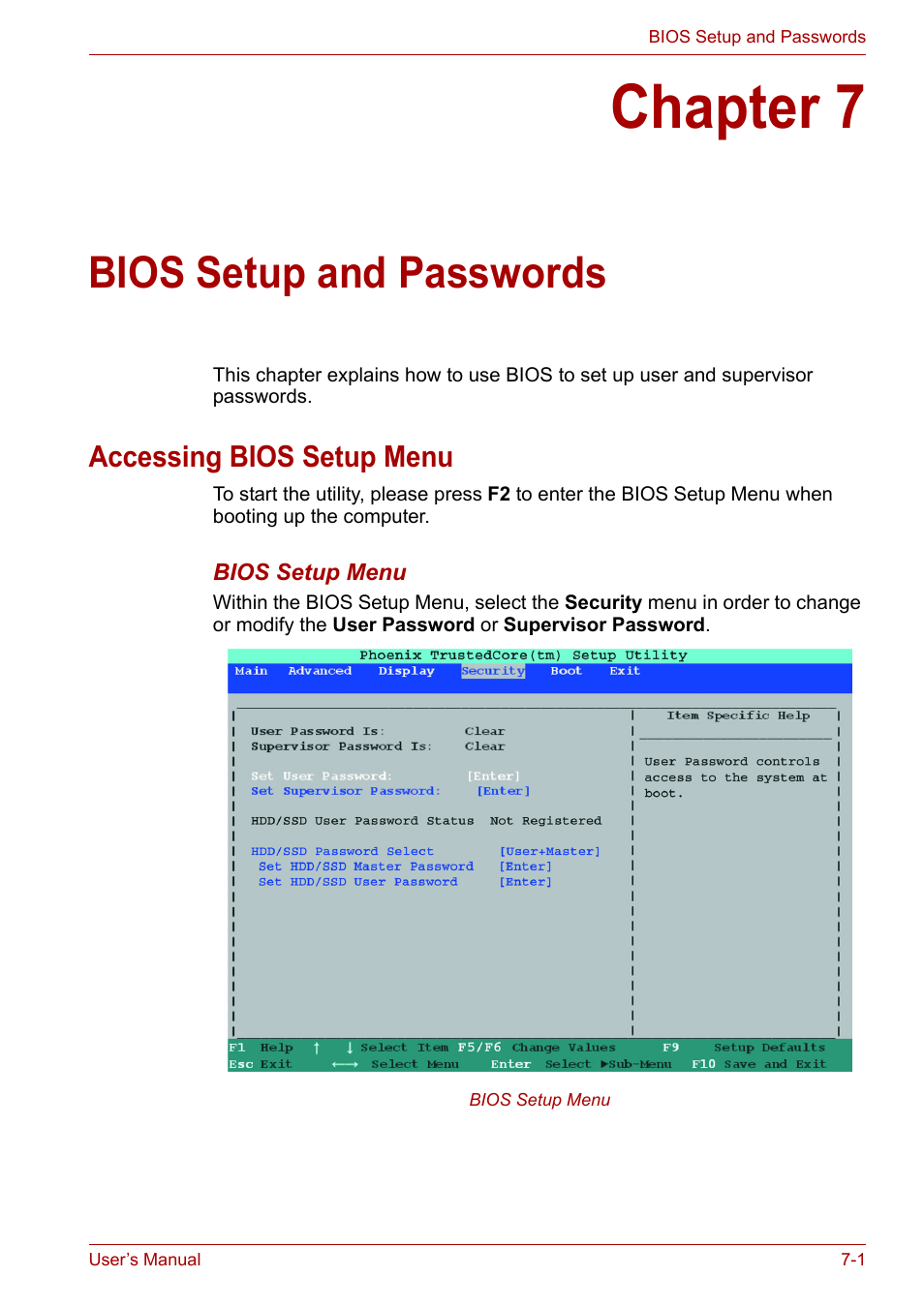 Chapter 7: bios setup and passwords, Accessing bios setup menu, Chapter 7 | Bios setup and passwords, Accessing bios setup menu -1, Bios setup and, Passwords, If you are goi | Toshiba NB200 User Manual | Page 84 / 138