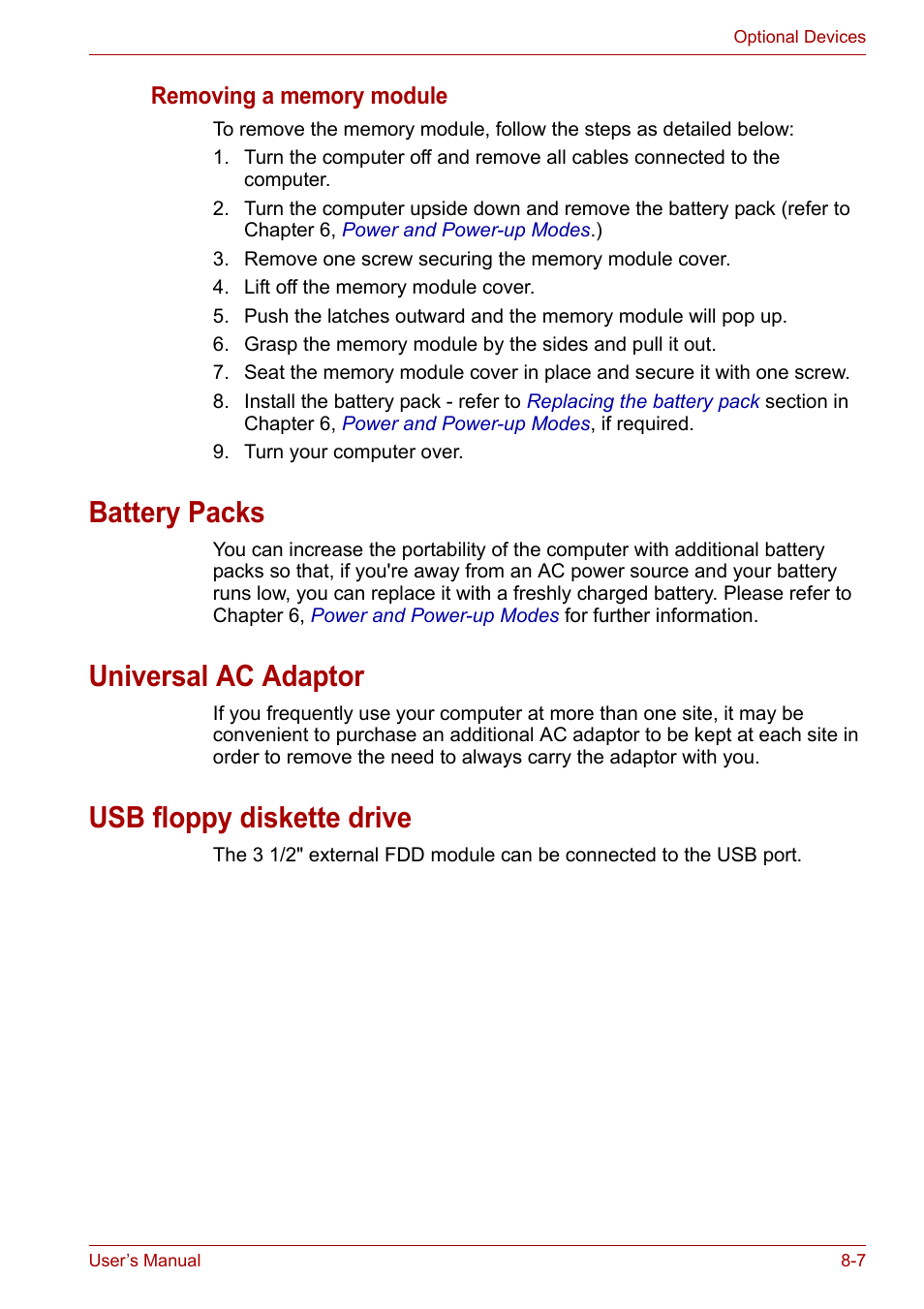 Battery packs, Universal ac adaptor, Usb floppy diskette drive | Toshiba NB200 User Manual | Page 95 / 138