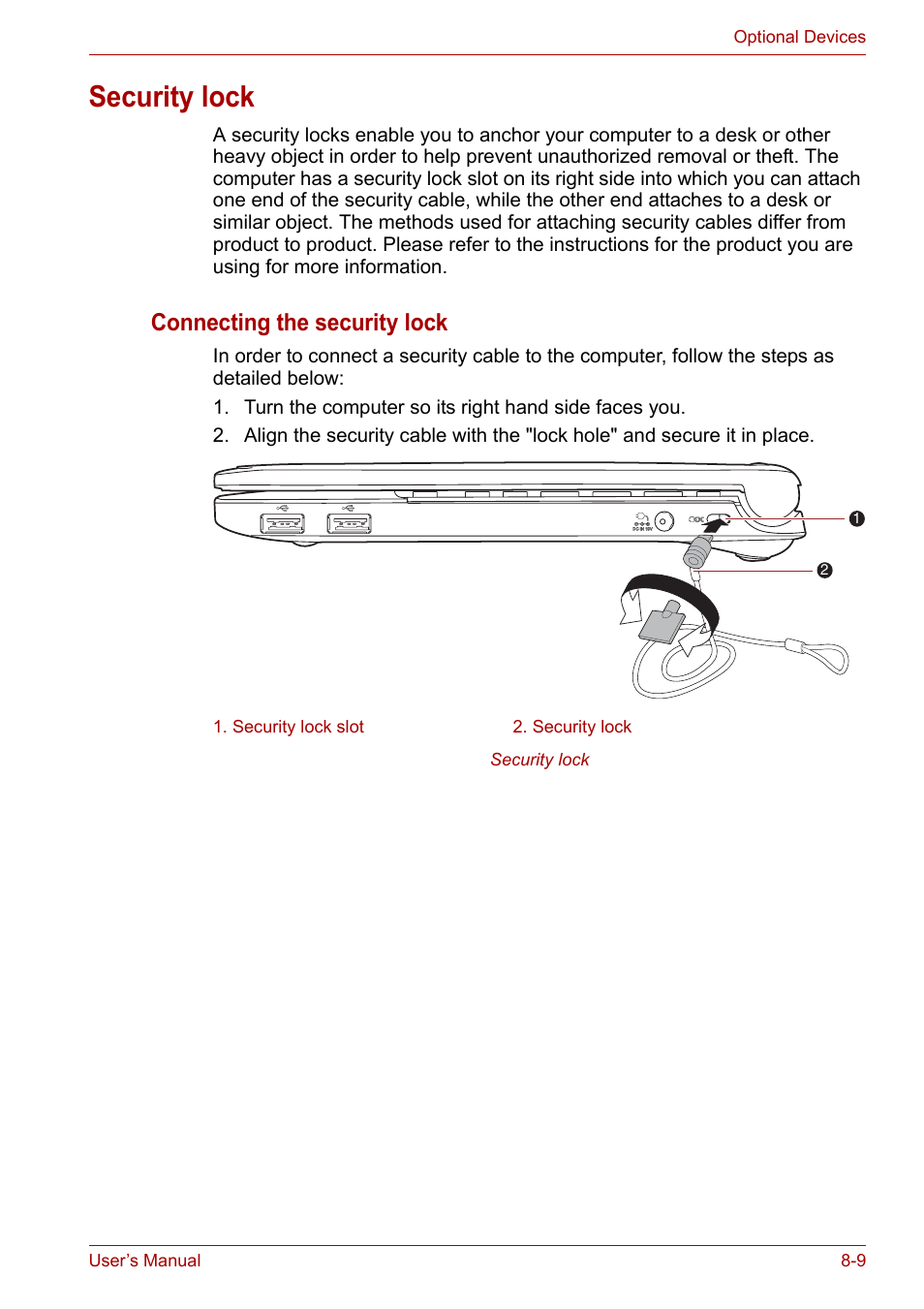 Security lock, Security lock -9, Connecting the security lock | Toshiba NB200 User Manual | Page 97 / 138