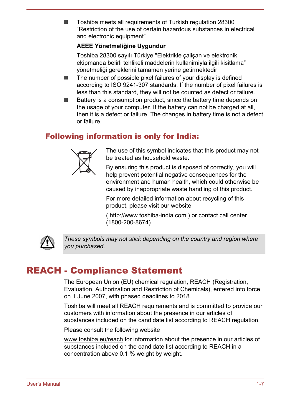 Following information is only for india, Reach - compliance statement, Reach - compliance statement -7 | Toshiba Satellite Pro R50-B User Manual | Page 10 / 126