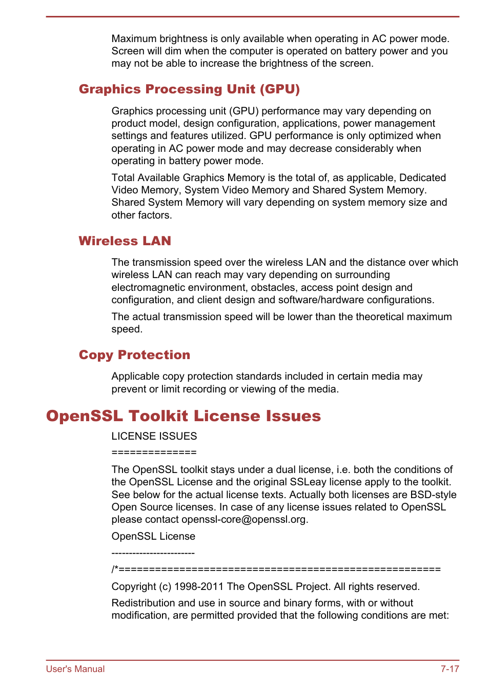 Graphics processing unit (gpu), Wireless lan, Copy protection | Openssl toolkit license issues, Openssl toolkit license issues -17 | Toshiba Satellite Pro R50-B User Manual | Page 118 / 126