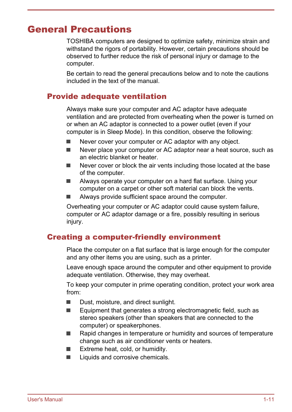 General precautions, Provide adequate ventilation, Creating a computer-friendly environment | General precautions -11 | Toshiba Satellite Pro R50-B User Manual | Page 14 / 126