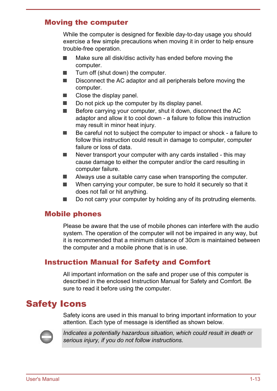 Moving the computer, Mobile phones, Instruction manual for safety and comfort | Safety icons, Safety icons -13 | Toshiba Satellite Pro R50-B User Manual | Page 16 / 126