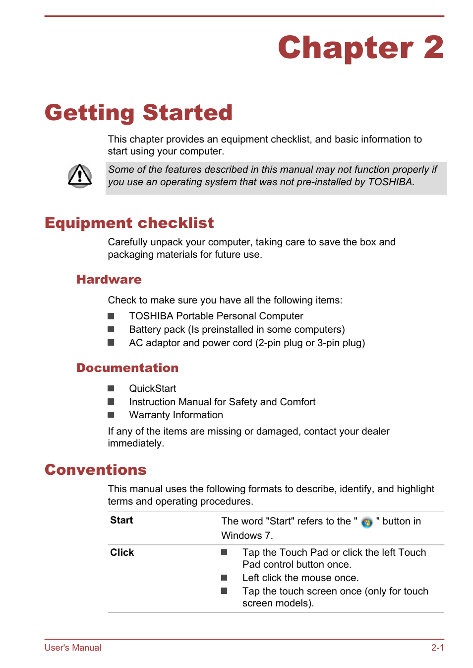 Chapter 2 getting started, Equipment checklist, Hardware | Documentation, Conventions, Chapter 2, Getting started, Equipment checklist -1 conventions -1 | Toshiba Satellite Pro R50-B User Manual | Page 18 / 126