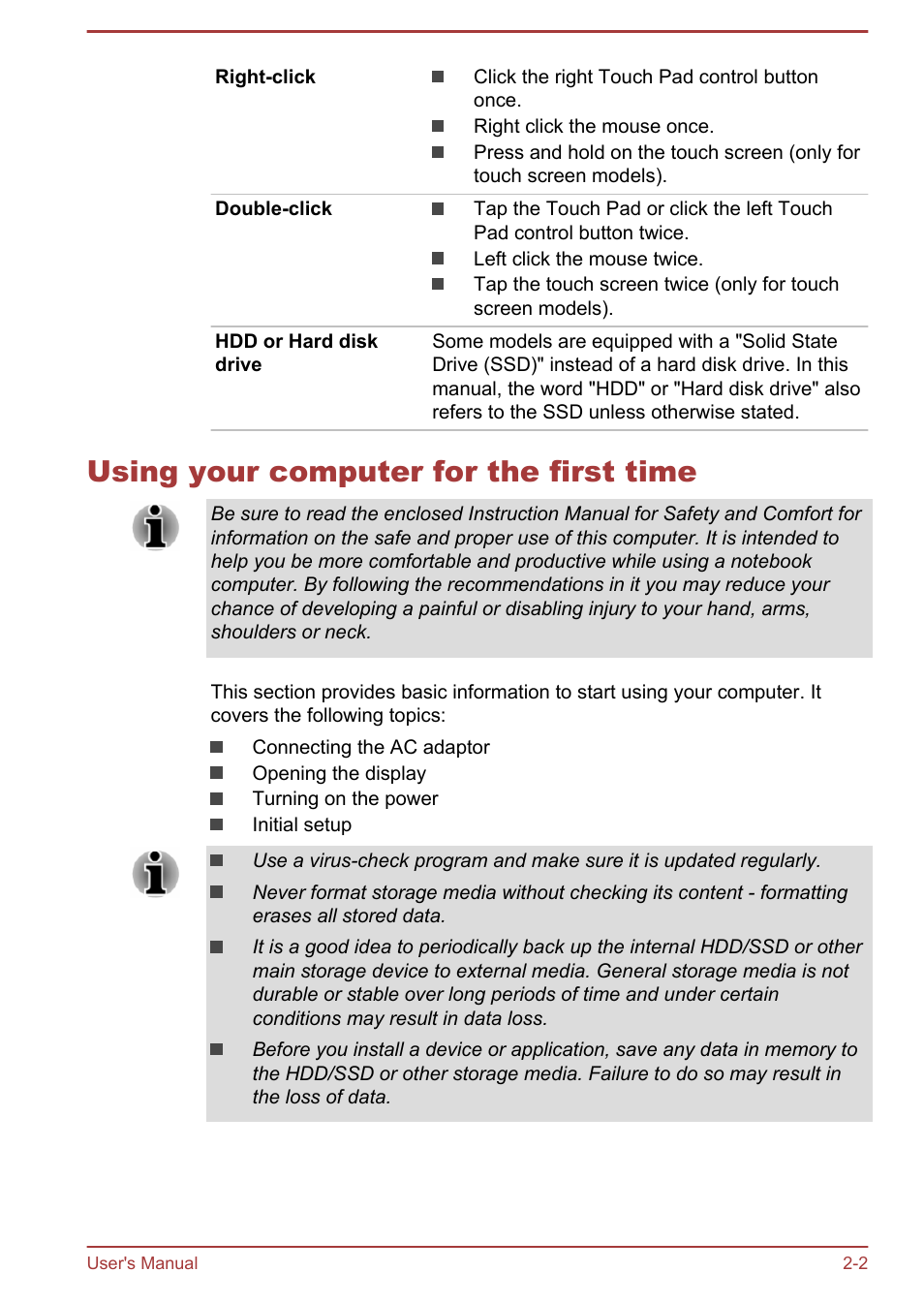 Using your computer for the first time, Using your computer for the first time -2 | Toshiba Satellite Pro R50-B User Manual | Page 19 / 126
