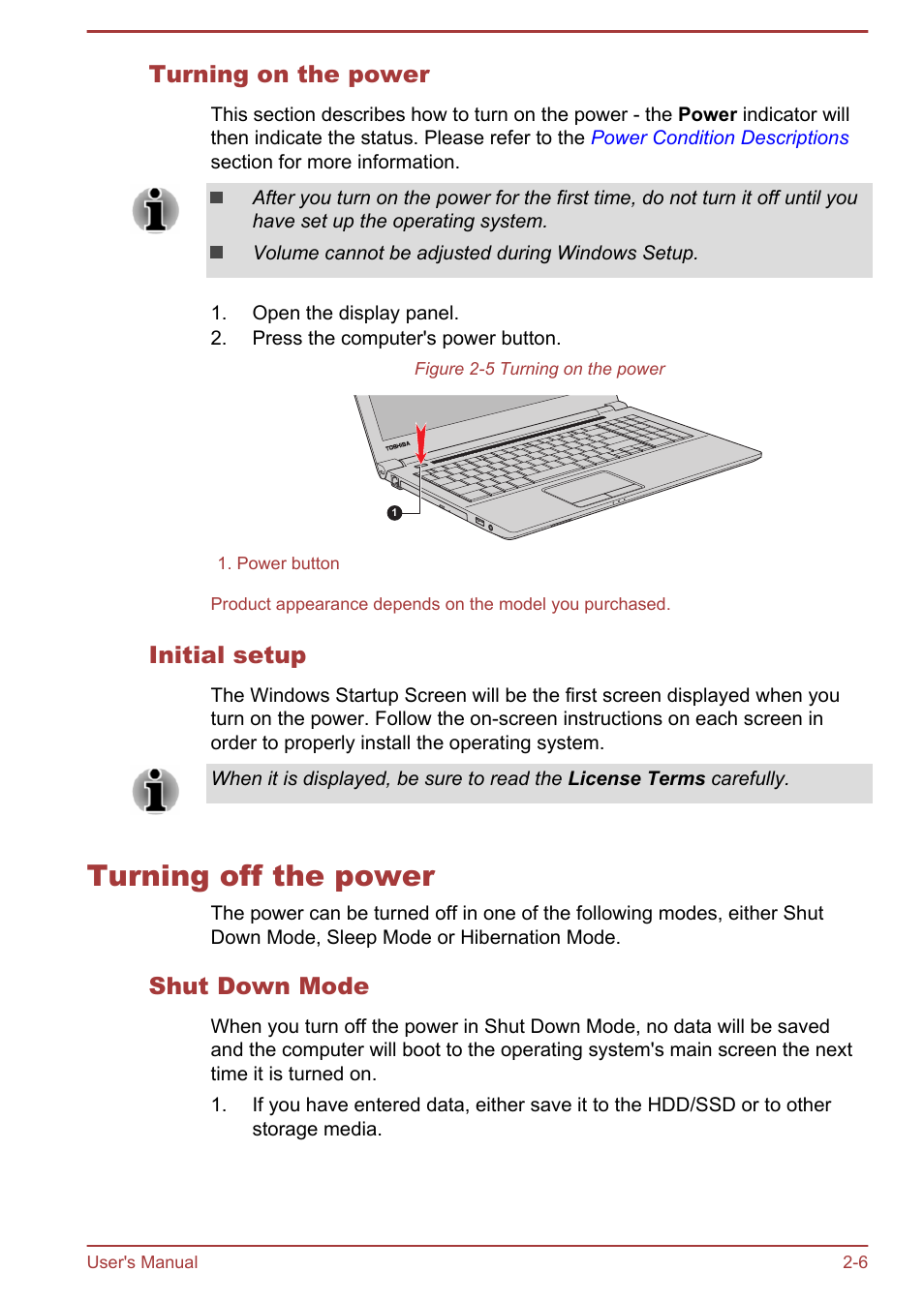 Turning on the power, Initial setup, Turning off the power | Shut down mode, Turning off the power -6 | Toshiba Satellite Pro R50-B User Manual | Page 23 / 126