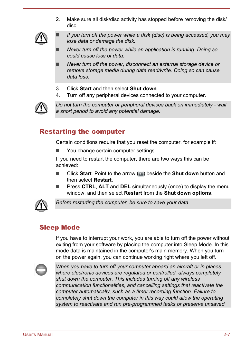 Restarting the computer, Sleep mode | Toshiba Satellite Pro R50-B User Manual | Page 24 / 126