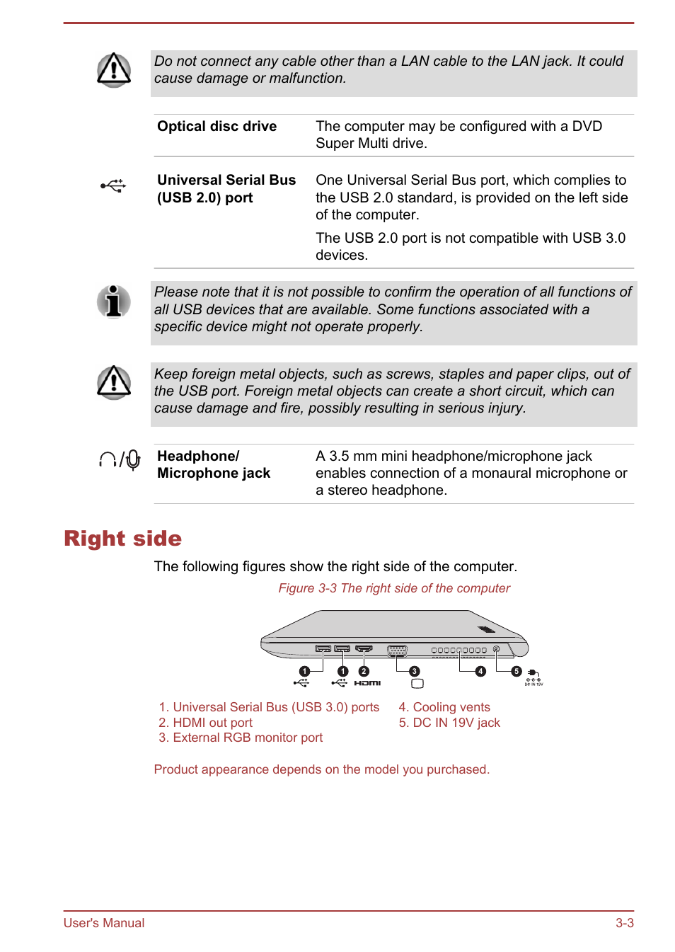 Right side, Right side -3 | Toshiba Satellite Pro R50-B User Manual | Page 30 / 126