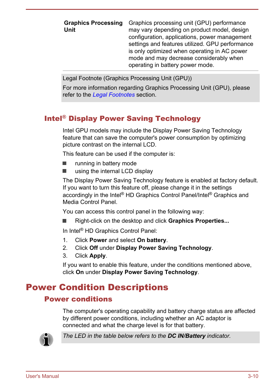 Intel® display power saving technology, Power condition descriptions, Power conditions | Power condition descriptions -10, Intel, Display power saving technology | Toshiba Satellite Pro R50-B User Manual | Page 37 / 126