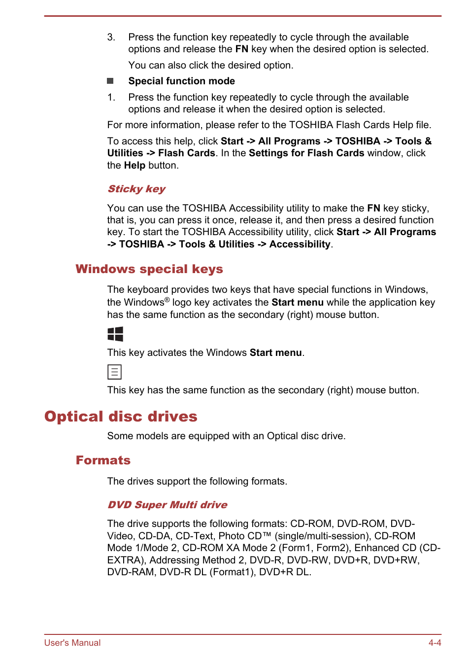 Windows special keys, Optical disc drives, Formats | Optical disc drives -4 | Toshiba Satellite Pro R50-B User Manual | Page 43 / 126