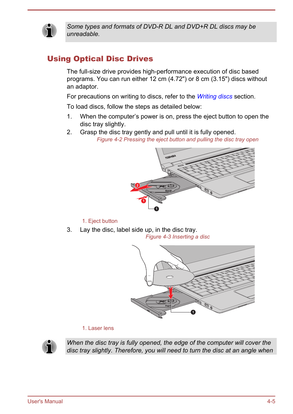 Using optical disc drives | Toshiba Satellite Pro R50-B User Manual | Page 44 / 126
