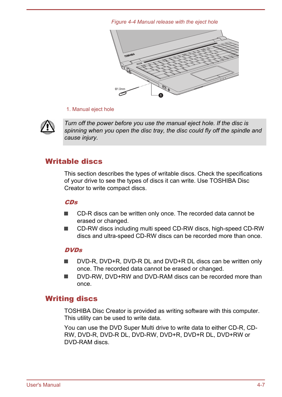 Writable discs, Writing discs | Toshiba Satellite Pro R50-B User Manual | Page 46 / 126