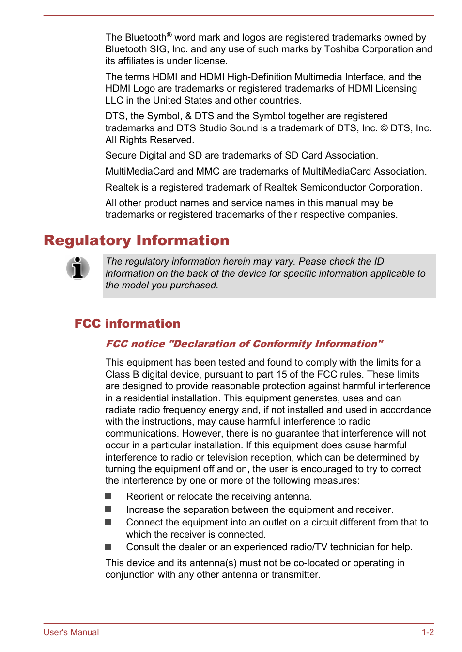Regulatory information, Fcc information, Regulatory information -2 | Toshiba Satellite Pro R50-B User Manual | Page 5 / 126
