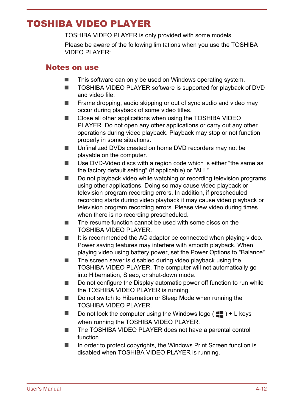 Toshiba video player, Notes on use, Toshiba video player -12 | Toshiba Satellite Pro R50-B User Manual | Page 51 / 126