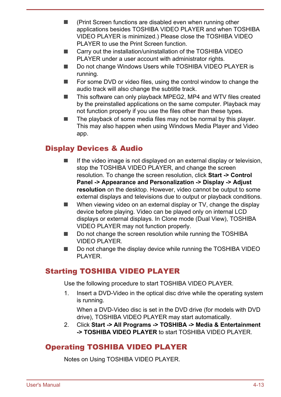 Display devices & audio, Starting toshiba video player, Operating toshiba video player | Toshiba Satellite Pro R50-B User Manual | Page 52 / 126