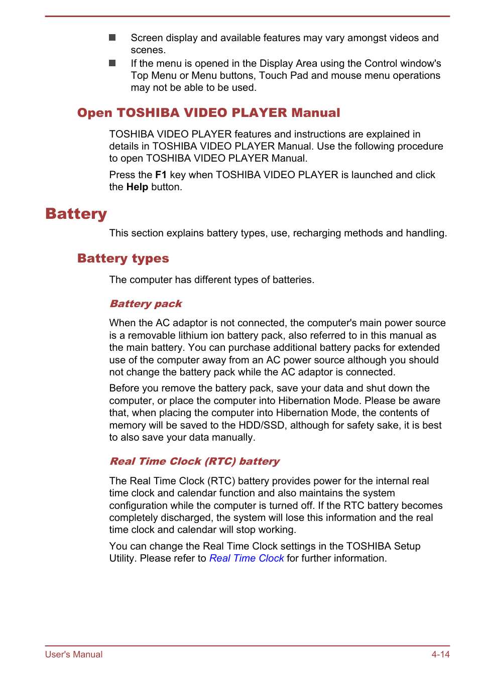 Open toshiba video player manual, Battery, Battery types | Battery -14 | Toshiba Satellite Pro R50-B User Manual | Page 53 / 126