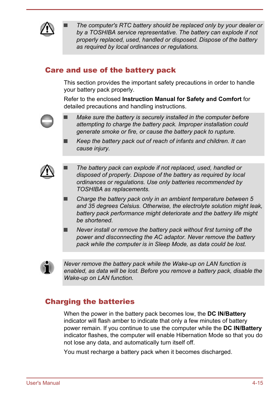 Care and use of the battery pack, Charging the batteries | Toshiba Satellite Pro R50-B User Manual | Page 54 / 126