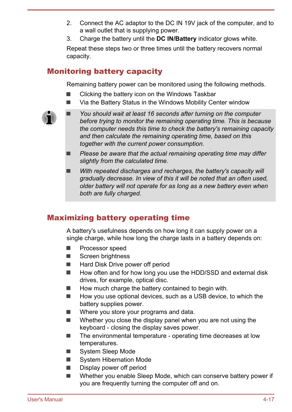 Monitoring battery capacity, Maximizing battery operating time | Toshiba Satellite Pro R50-B User Manual | Page 56 / 126