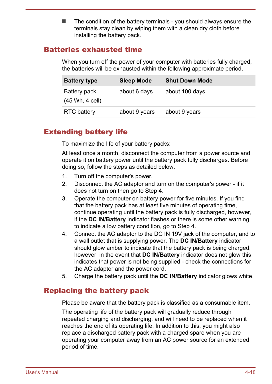 Batteries exhausted time, Extending battery life, Replacing the battery pack | Toshiba Satellite Pro R50-B User Manual | Page 57 / 126