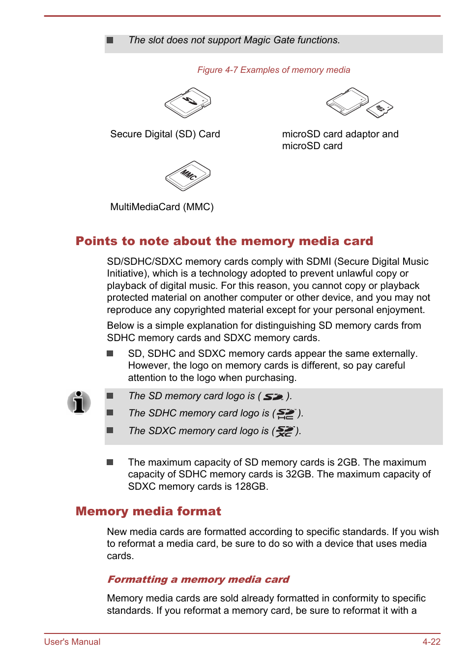 Points to note about the memory media card, Memory media format | Toshiba Satellite Pro R50-B User Manual | Page 61 / 126