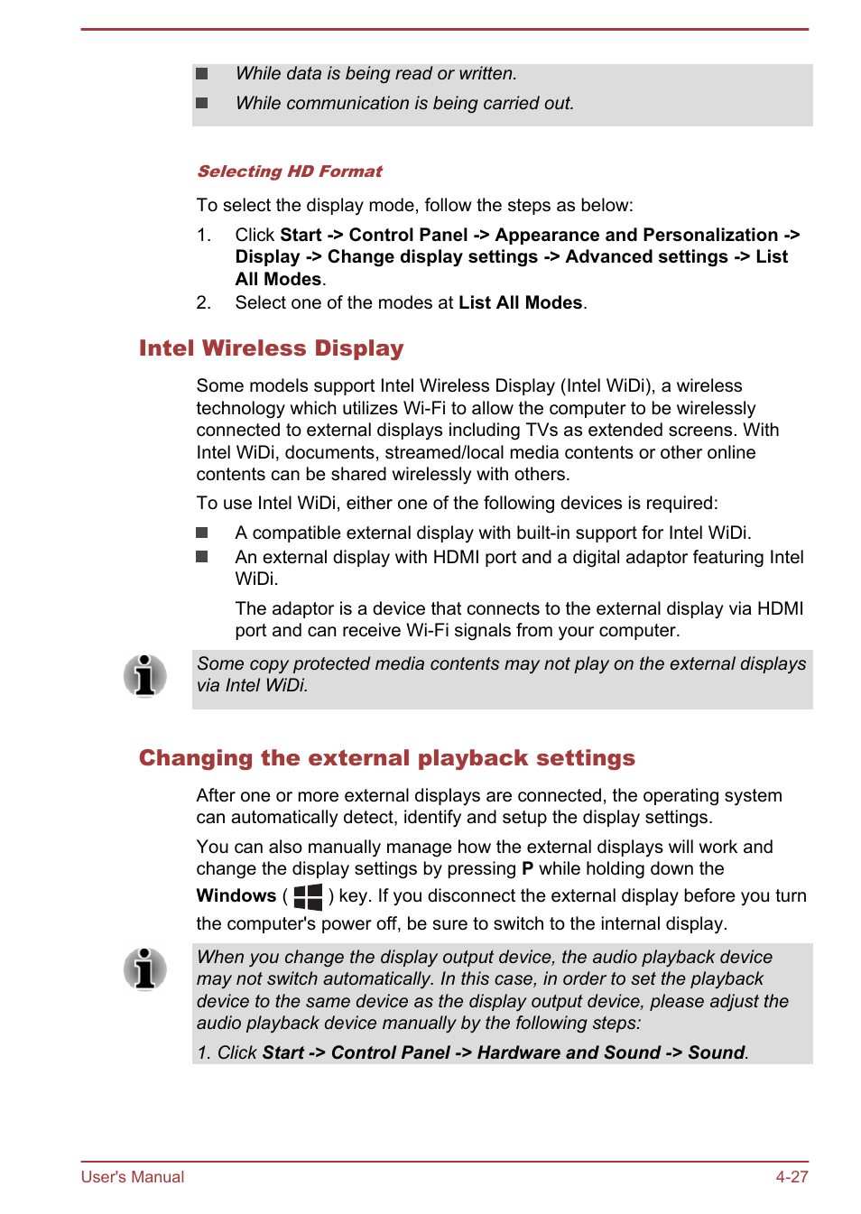 Intel wireless display, Changing the external playback settings | Toshiba Satellite Pro R50-B User Manual | Page 66 / 126