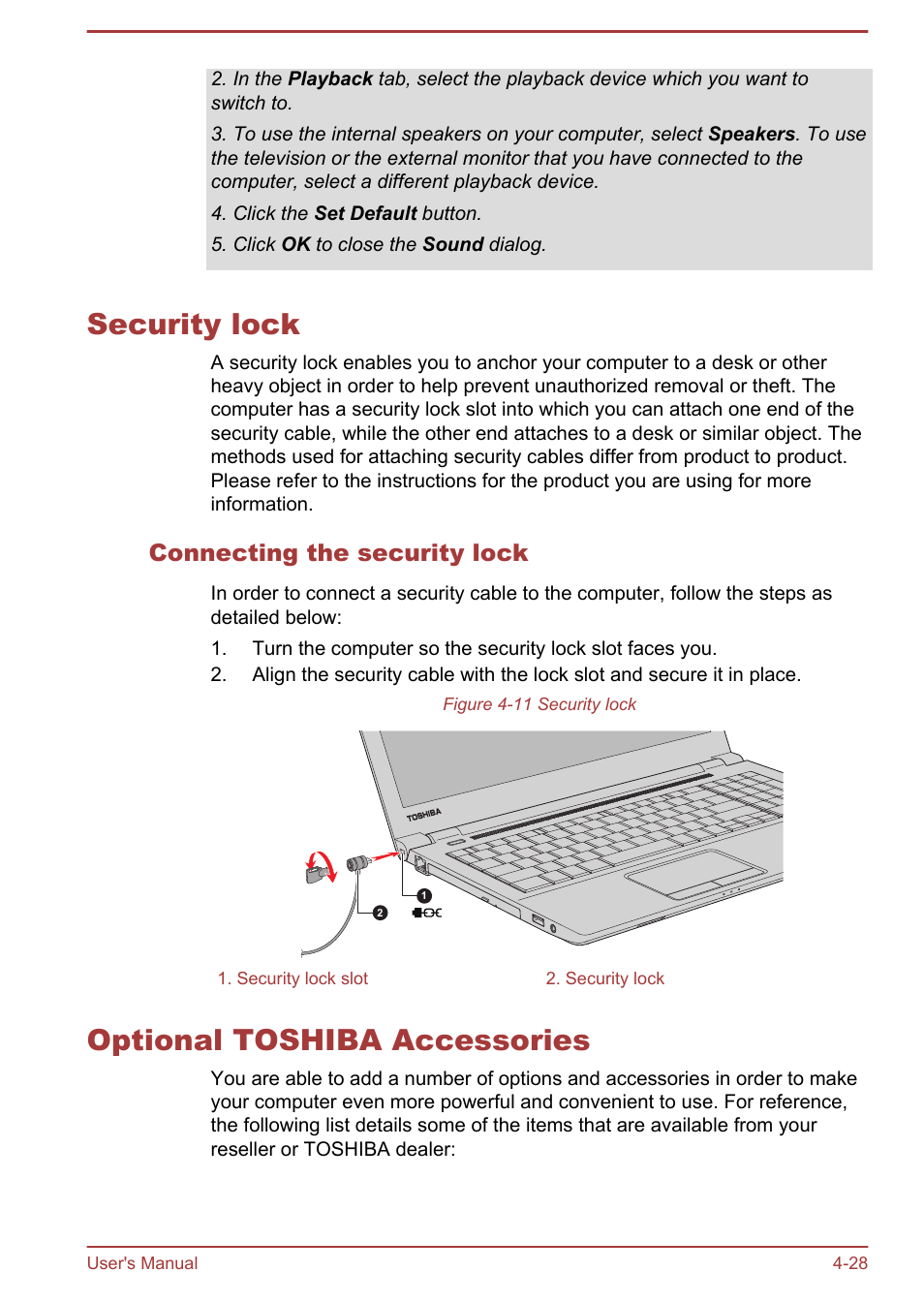 Security lock, Connecting the security lock, Optional toshiba accessories | Security lock -28 optional toshiba accessories -28 | Toshiba Satellite Pro R50-B User Manual | Page 67 / 126