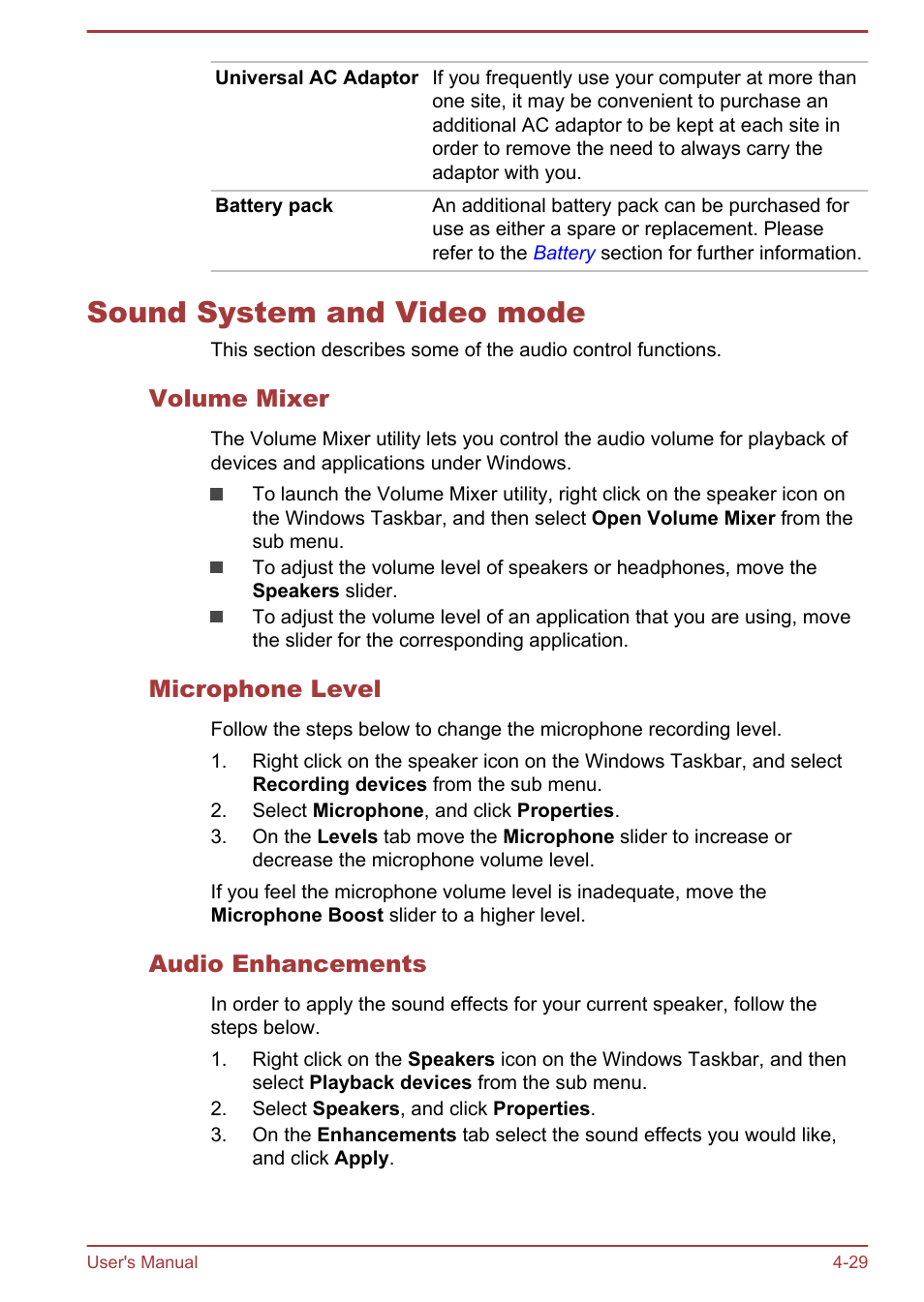 Sound system and video mode, Volume mixer, Microphone level | Audio enhancements, Sound system and video mode -29, Section for more | Toshiba Satellite Pro R50-B User Manual | Page 68 / 126