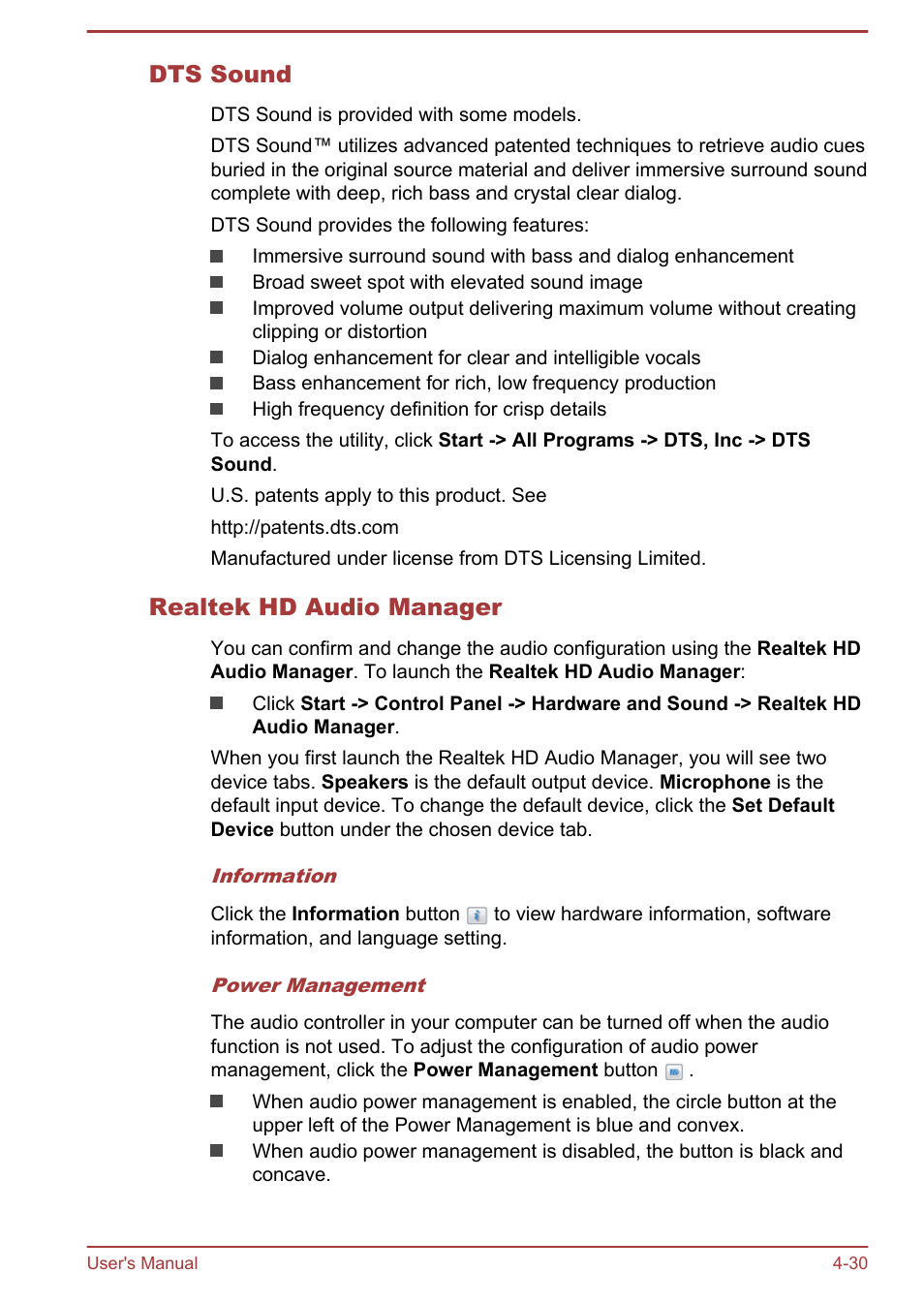 Dts sound, Realtek hd audio manager | Toshiba Satellite Pro R50-B User Manual | Page 69 / 126