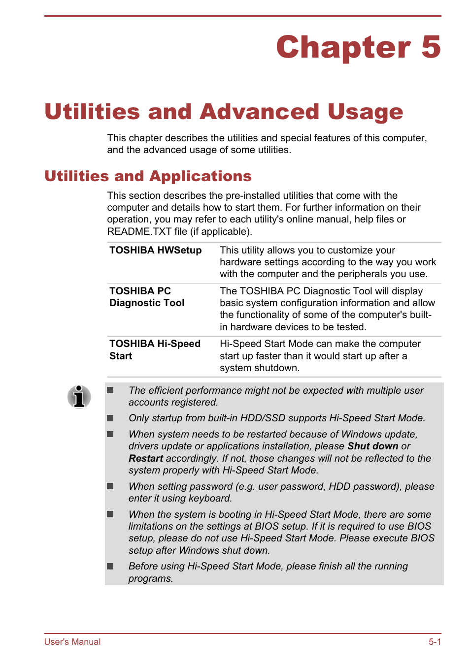 Chapter 5 utilities and advanced usage, Utilities and applications, Chapter 5 | Utilities and advanced usage, Utilities and applications -1 | Toshiba Satellite Pro R50-B User Manual | Page 71 / 126