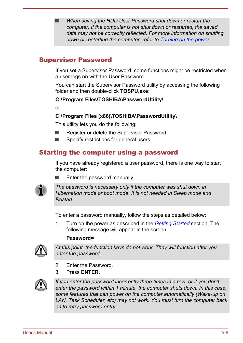 Supervisor password, Starting the computer using a password | Toshiba Satellite Pro R50-B User Manual | Page 78 / 126