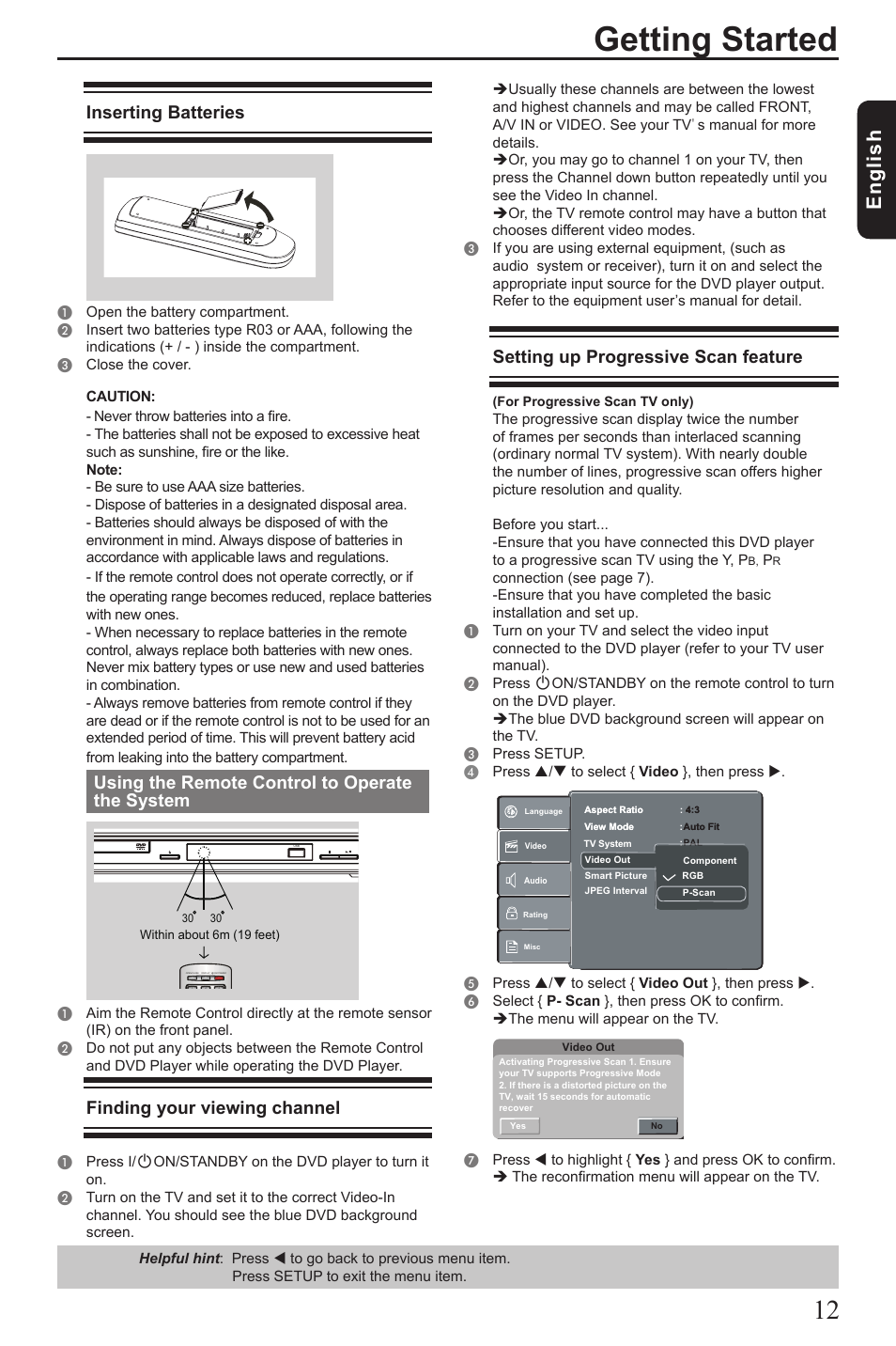 Getting started, Eng lis h, Inserting batteries | Using the remote control to operate the system, Finding your viewing channel, Setting up progressive scan feature | Toshiba SD2010 User Manual | Page 13 / 28