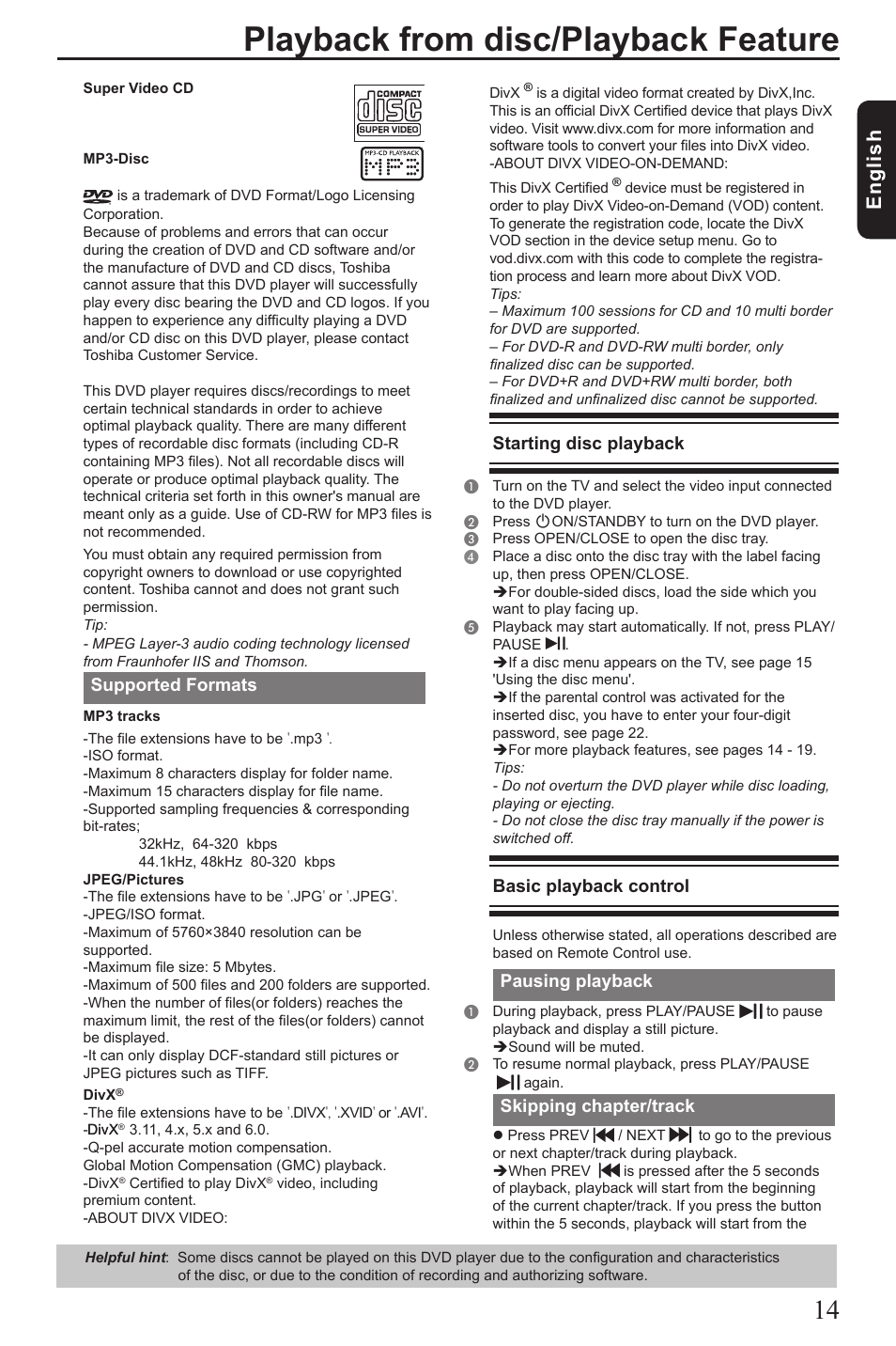 Playback from disc/playback feature, Eng lis h, Supported formats | Starting disc playback, Basic playback control, Pausing playback, Skipping chapter/track | Toshiba SD2010 User Manual | Page 15 / 28
