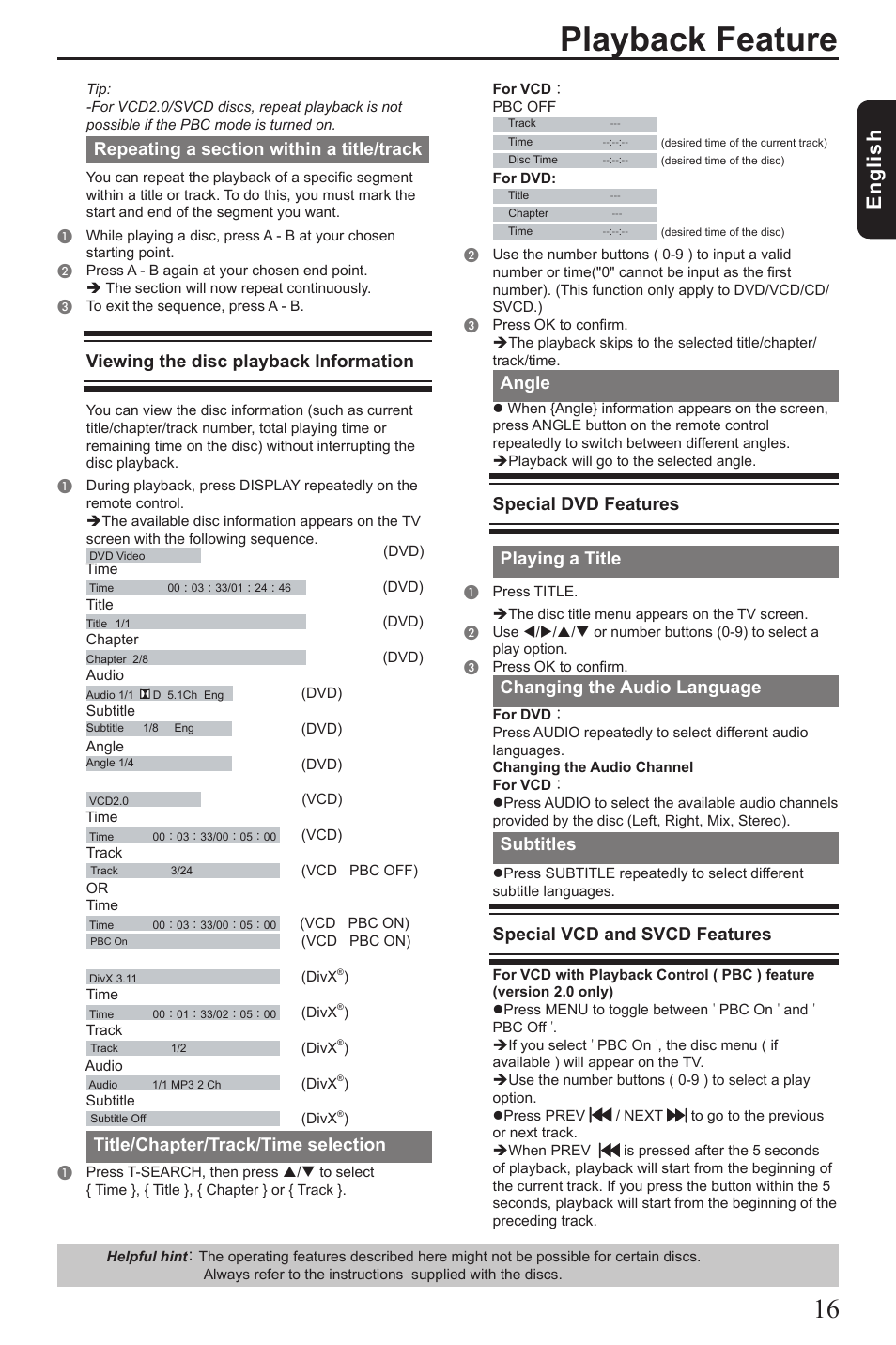 Playback feature, Eng lis h, Viewing the disc playback information | Title/chapter/track/time selection, Angle, Special dvd features playing a title, Changing the audio language, Subtitles, Special vcd and svcd features | Toshiba SD2010 User Manual | Page 17 / 28