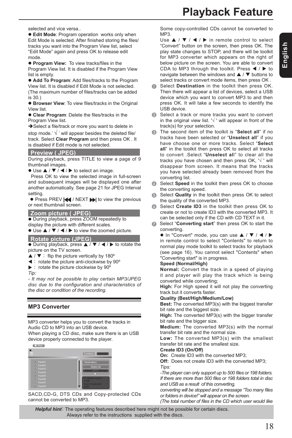 Playback feature, Eng lis h, Preview ( jpeg) | Zoom picture ( jpeg), Rotate picture (jpeg), Mp3 converter | Toshiba SD2010 User Manual | Page 19 / 28