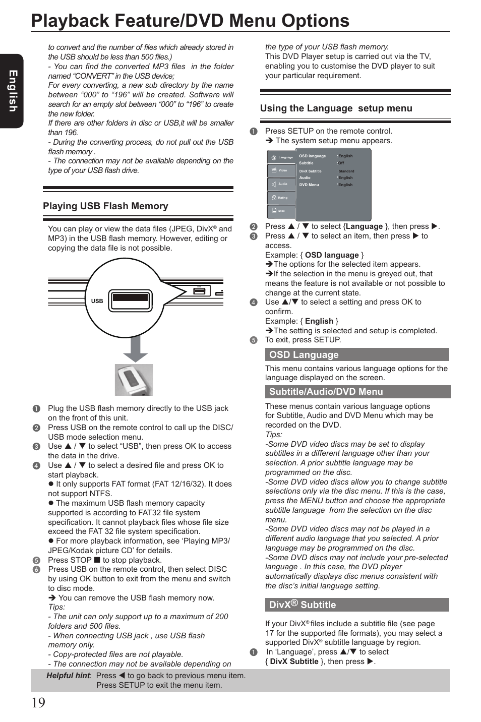 Playback feature/dvd menu options, Eng lis h, Using the language setup menu | Osd language, Divx® subtitle, Subtitle/audio/dvd menu | Toshiba SD2010 User Manual | Page 20 / 28