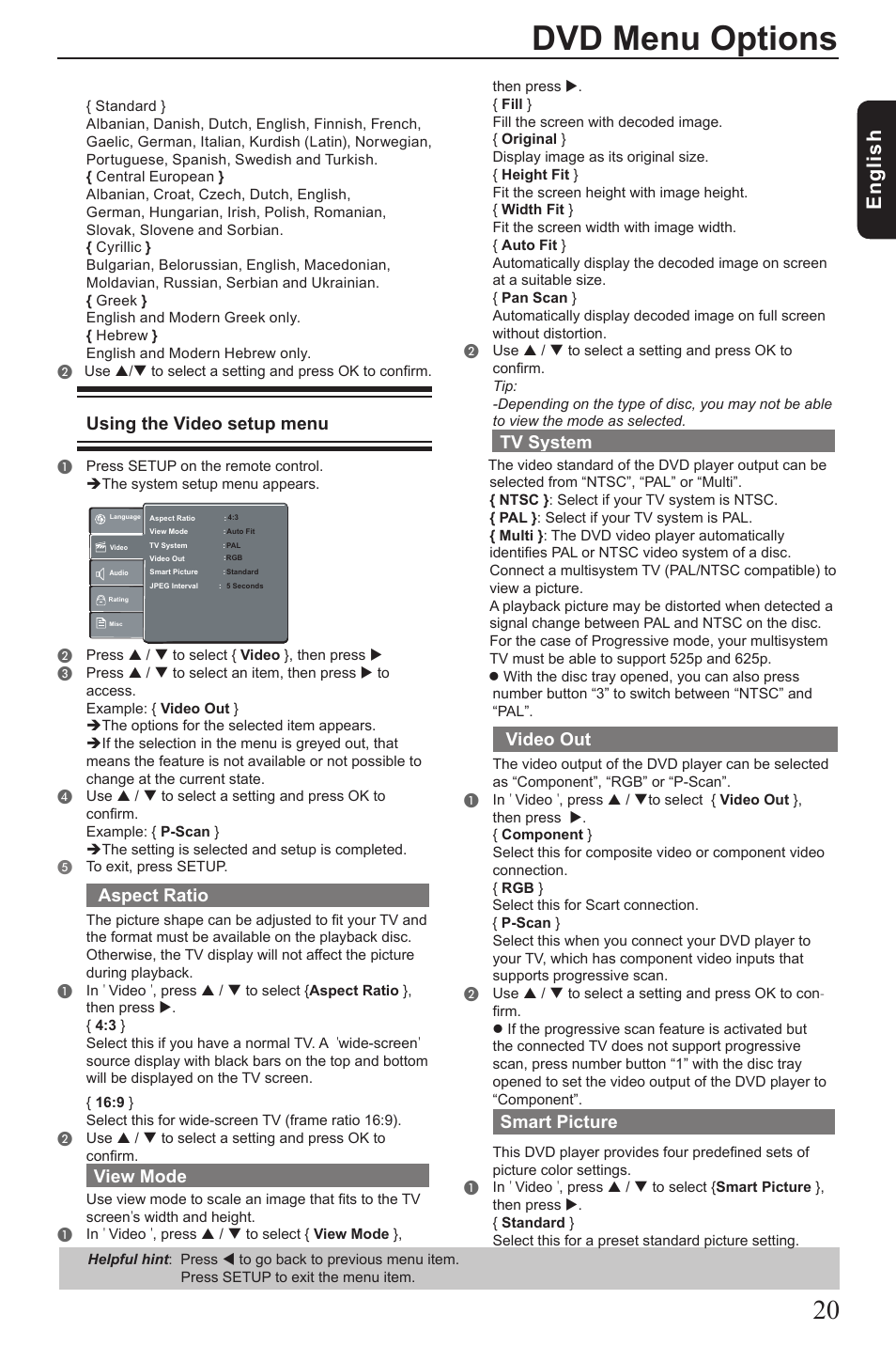 Dvd menu options, Eng lis h, Using the video setup menu | Aspect ratio, View mode, Tv system, Video out, Smart picture | Toshiba SD2010 User Manual | Page 21 / 28