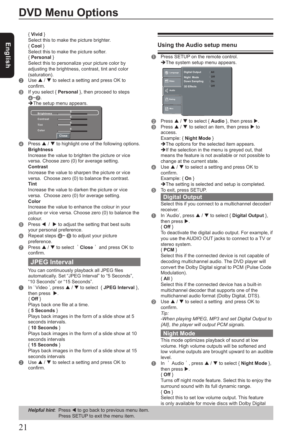 Dvd menu options, Eng lis h, Jpeg interval | Using the audio setup menu, Digital output, Night mode | Toshiba SD2010 User Manual | Page 22 / 28