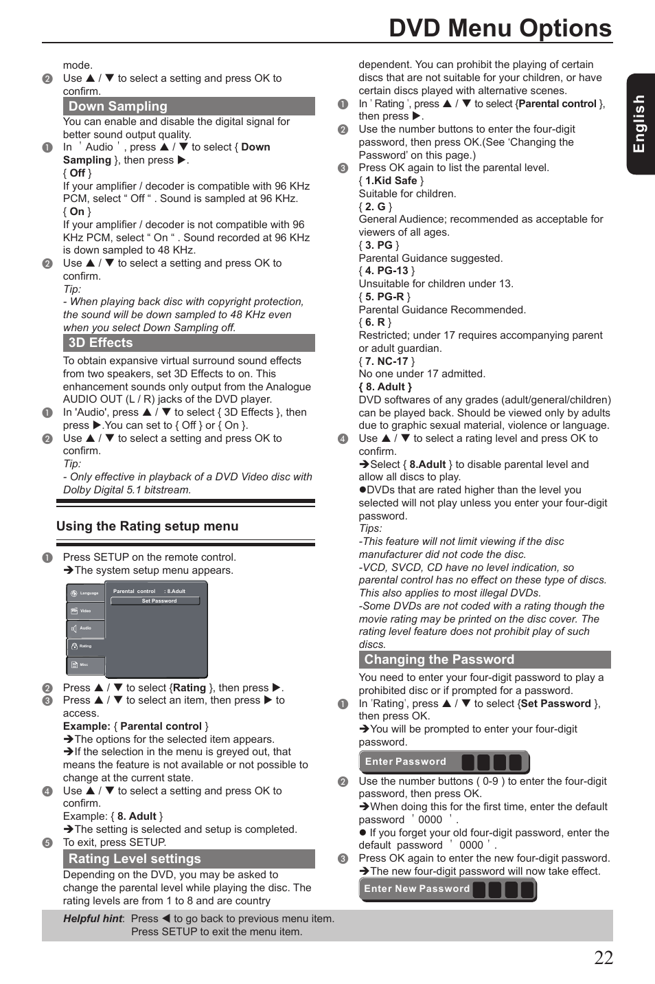 Dvd menu options, Eng lis h, Down sampling | 3d effects, Using the rating setup menu, Rating level settings, Changing the password | Toshiba SD2010 User Manual | Page 23 / 28