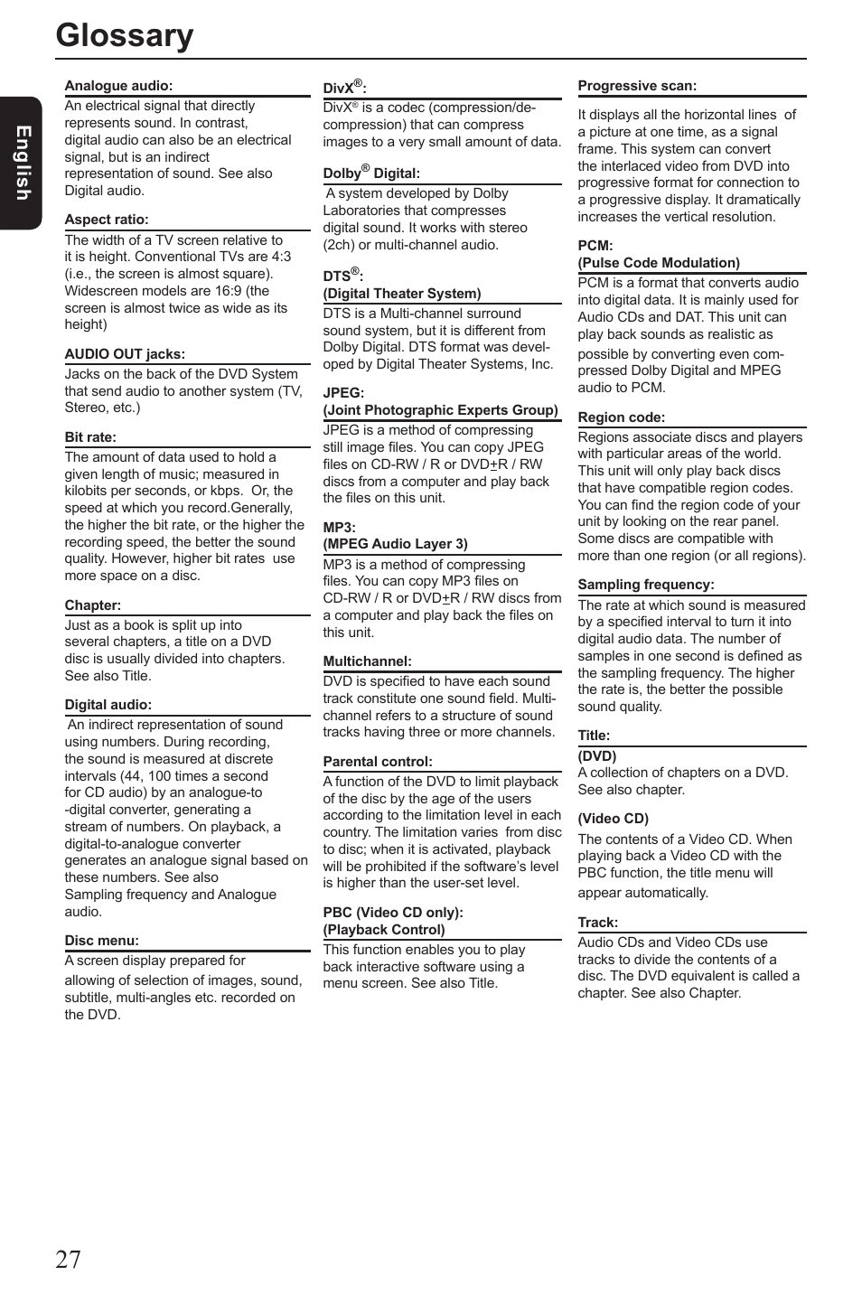 Glossary, Eng lis h | Toshiba SD2010 User Manual | Page 28 / 28