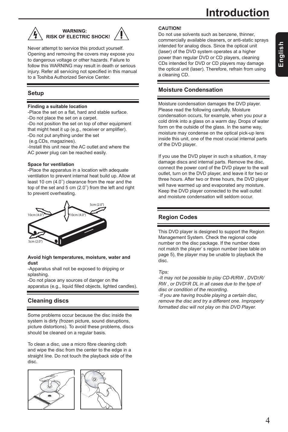 Introduction, Eng lis h, Moisture condensation | Region codes, Setup, Cleaning discs | Toshiba SD2010 User Manual | Page 5 / 28